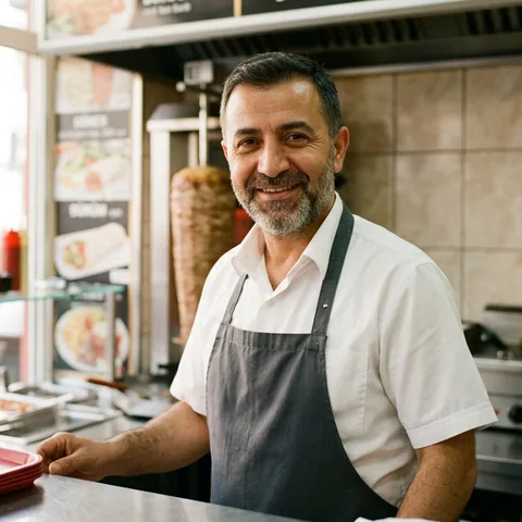 Mehmet, Inhaber von Bella Döner, am Dönerspieß